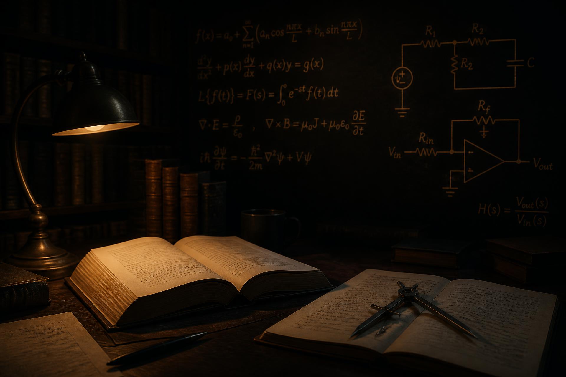 Dimly lit study desk with open books, equations and diagrams